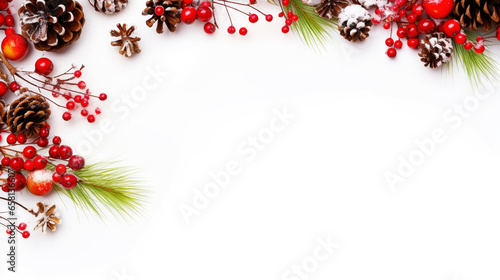 Christmas template with fir branches, natural cones, red berries and snow. White background, copy space. Generative AI
