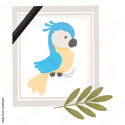Mourning Photograph of dead yellow blue parrot macaw. Frame portrait with lovely pet of tropical bird parrot ghost. Vector illustration