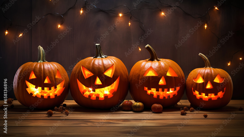 Row of jack-o-lantern pumpkins and candles on wooden table with wooden backdrop. Halloween background. Generative AI Row of jack-o-lantern pumpkins and candles on wooden table with wooden backdrop. Halloween background. Generative AI