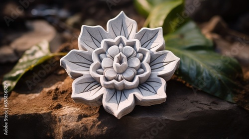 Grey granite stone carving depicting a sacred lotus flower in bloom outside in a tranquil and peaceful zen garden, close up macro.  