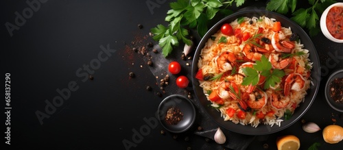 Contemporary style seafood risotto on a white background
