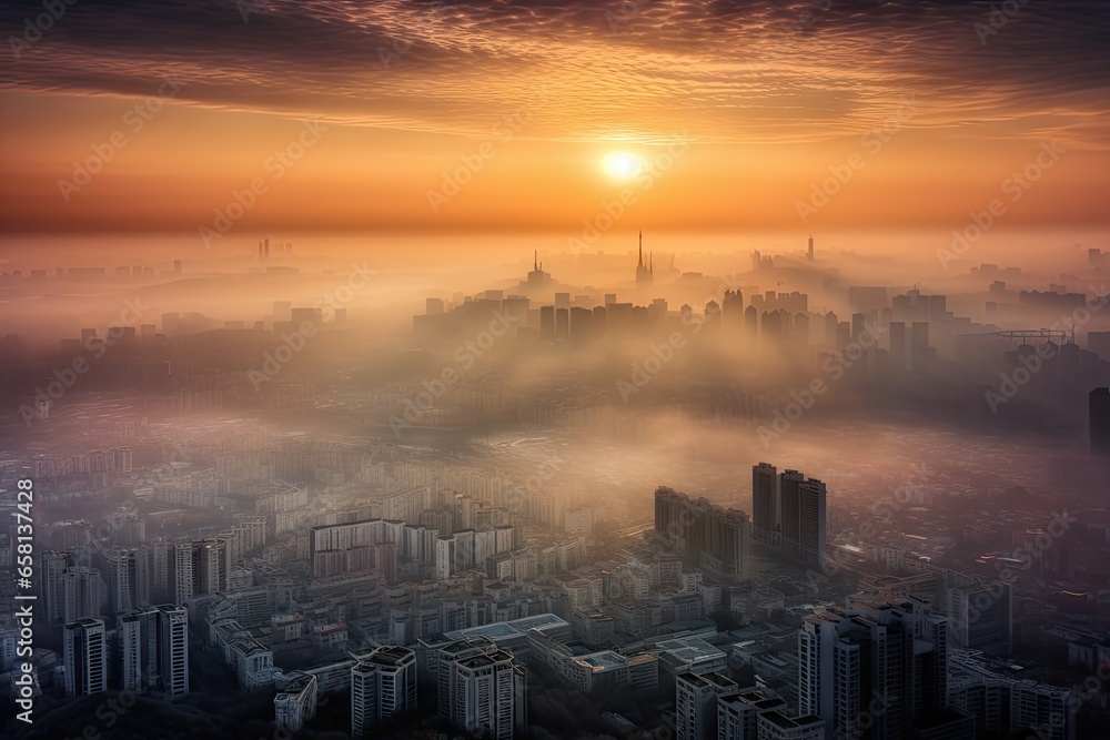 Golden hour bliss. Beautiful skyline with city at sunrise background. Urban symphony. City lights in morning fog. Cityscape elegance Golden hour bliss. Beautiful skyline with city at sunrise background. Urban symphony. City lights in morning fog. Cityscape elegance
