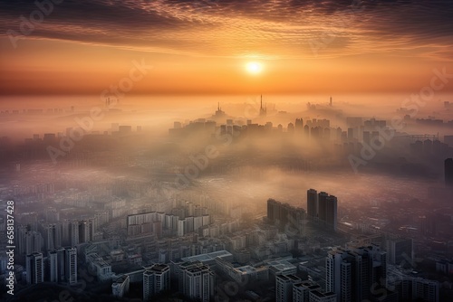 Golden hour bliss. Beautiful skyline with city at sunrise background. Urban symphony. City lights in morning fog. Cityscape elegance