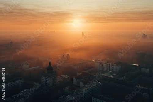 Golden hour bliss. Beautiful skyline with city at sunrise background. Urban symphony. City lights in morning fog. Cityscape elegance