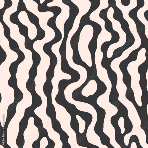 Wavy striped seamless pattern. Black and white marble swirl print of zebra, mackerel skin texture. Cute animal graphic pattern with soft organic shapes.