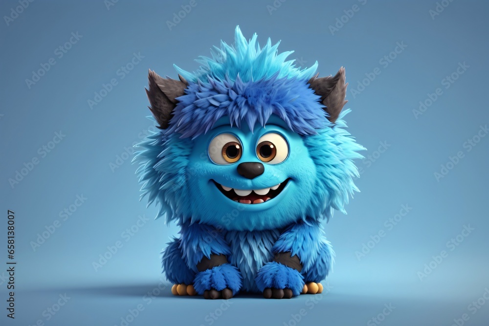 Cute blue monster 3D cartoon character. Generative Ai.