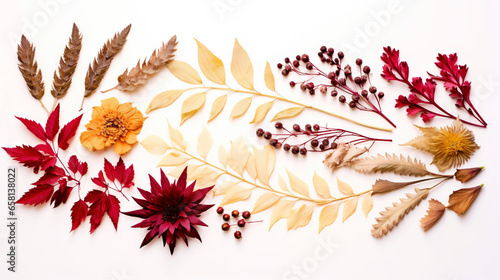 Autumn composition. Dried leaves, flowers, rowan berries on white background. Flat lay, top view. Generative AI photo