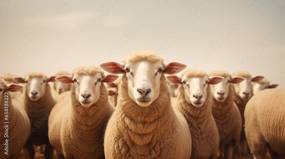 Fototapeta premium herd of sheeps on a light brown background with space for text, background image, generative AI