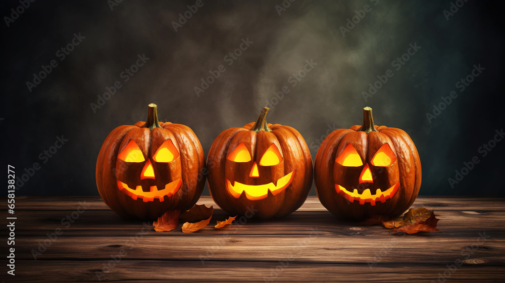 Fototapeta premium Jack-o-lantern pumpkins, candles, garland. Cute Halloween background. Generative AI