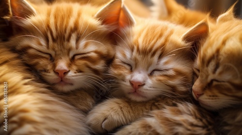 cute kittens identical cute kittens sleeping together and squeezing each other and squinting, background image, generative AI © Hifzhan Graphics