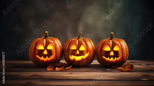 Jack-o-lantern pumpkins, candles, garland. Cute Halloween background. Generative AI