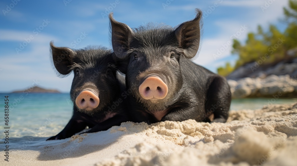 Two black pigs lying on the beach on a sunny summer day Two black pigs lying on the beach on a sunny summer day