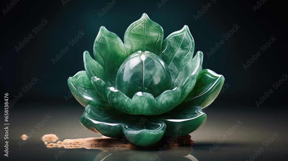 Obraz na płótnie Green jade stone carving depicting a sacred lotus flower in bloom outside in a tranquil and peaceful zen garden, close up macro.   w salonie