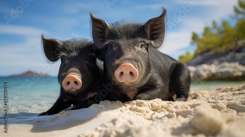 Two black pigs lying on the beach on a sunny summer day
