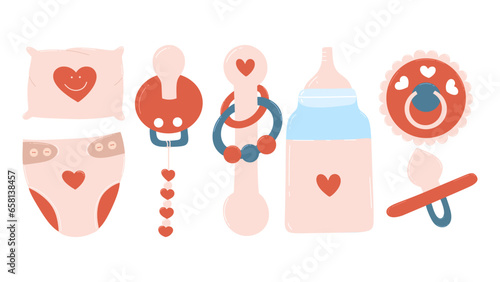 Children's set of items. Pacifier, rattle, pillow, milk bottle, diaper. Hand draw illustration