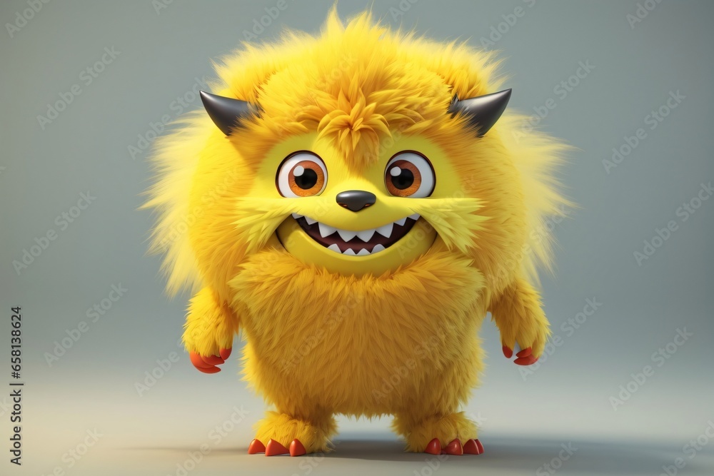 Cute yellow monster 3D cartoon character. Generative Ai.
