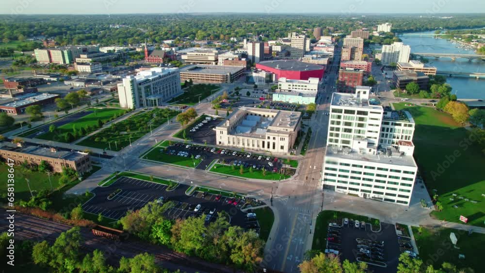 Daytime aerial over Rockford, Illinois. The city's unique architecture