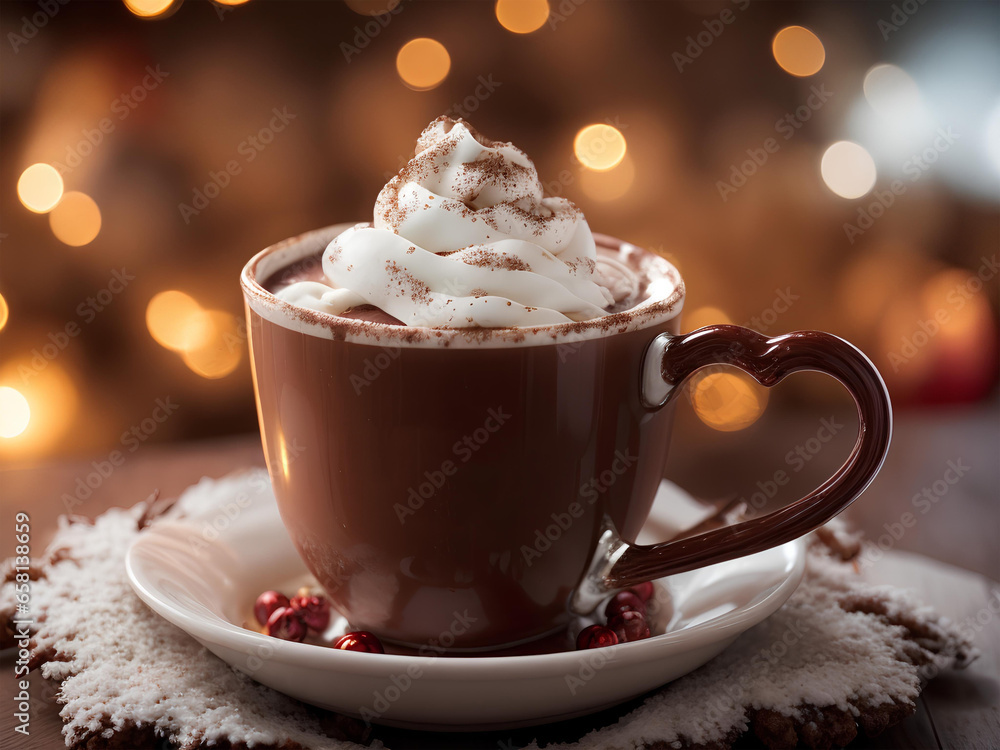 An amazing hot chocolate on the christmas background with colorful lights. Generative AI An amazing hot chocolate on the christmas background with colorful lights. Generative AI