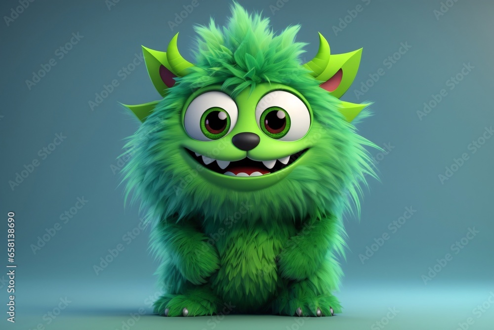 Cute green monster 3D cartoon character. Generative Ai. - obrazy, fototapety, plakaty 