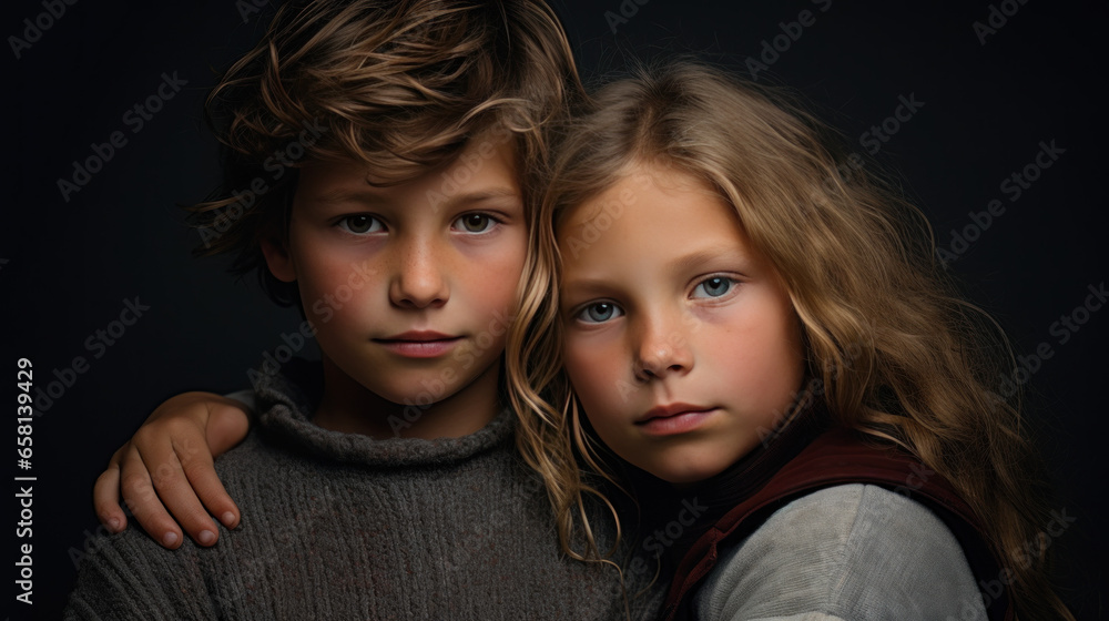 portrait studio d'un garçon et d'une jeune fille qui sont frère et soeur - obrazy, fototapety, plakaty 