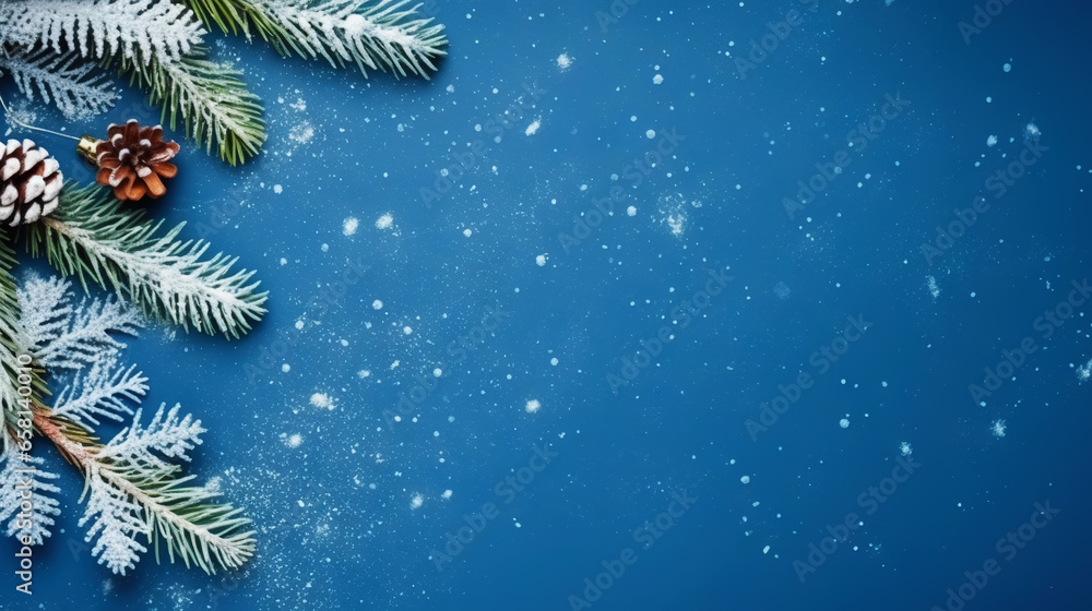 Christmas flat lay with pine, confetti and balls, on blue background with copy space. Top view. Generative AI Christmas flat lay with pine, confetti and balls, on blue background with copy space. Top view. Generative AI