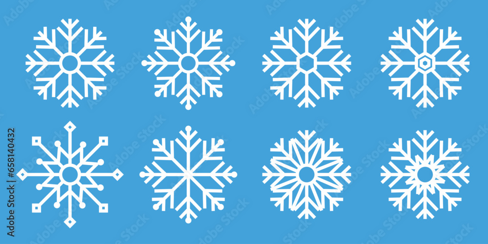 Set blue snowflake icons collection isolated on blue background.
Set blue snowflake icons collection isolated on blue background.