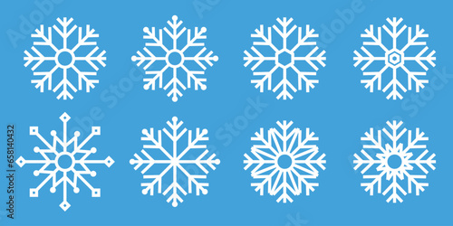 Set blue snowflake icons collection isolated on blue background.
