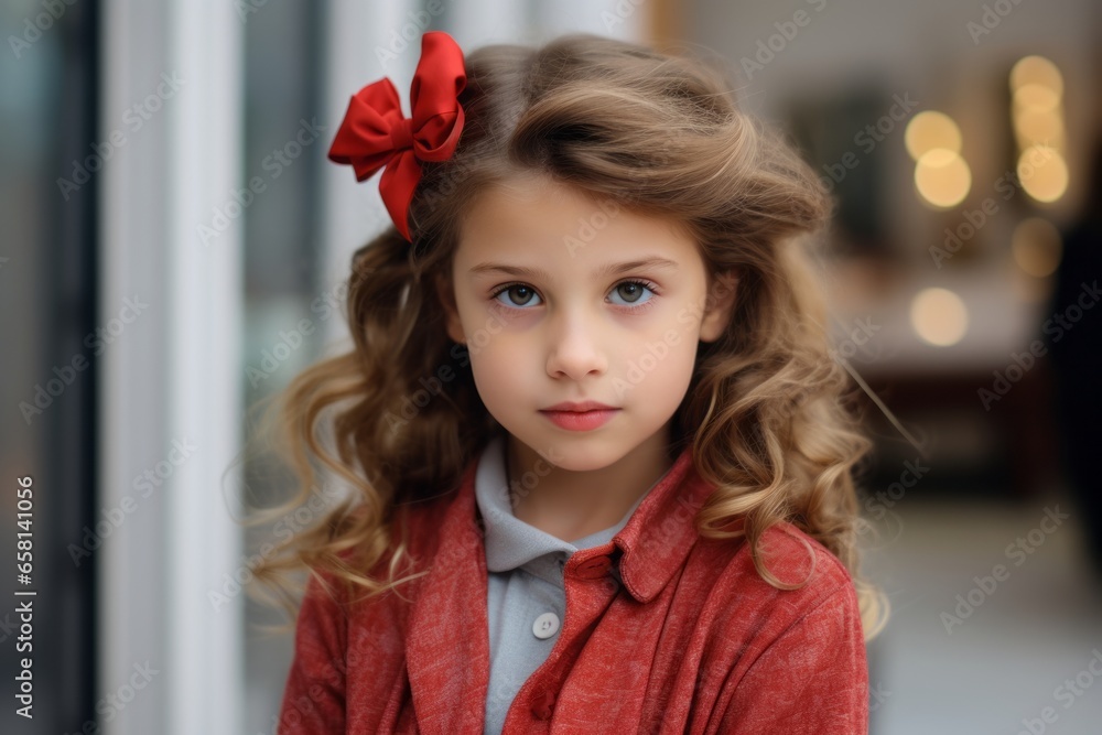 portrait of beautiful little girl with curly hair and red bow on head portrait of beautiful little girl with curly hair and red bow on head