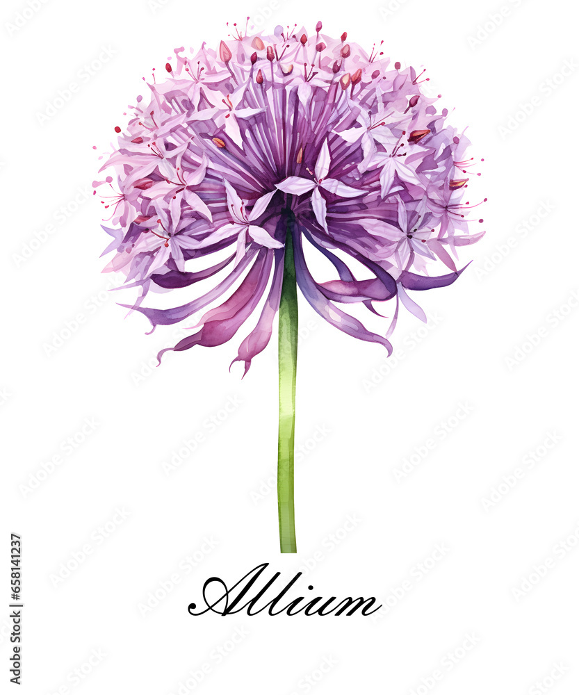 Watercolor purple single allium flower. Watercolor botanical illustration isolated. - obrazy, fototapety, plakaty 