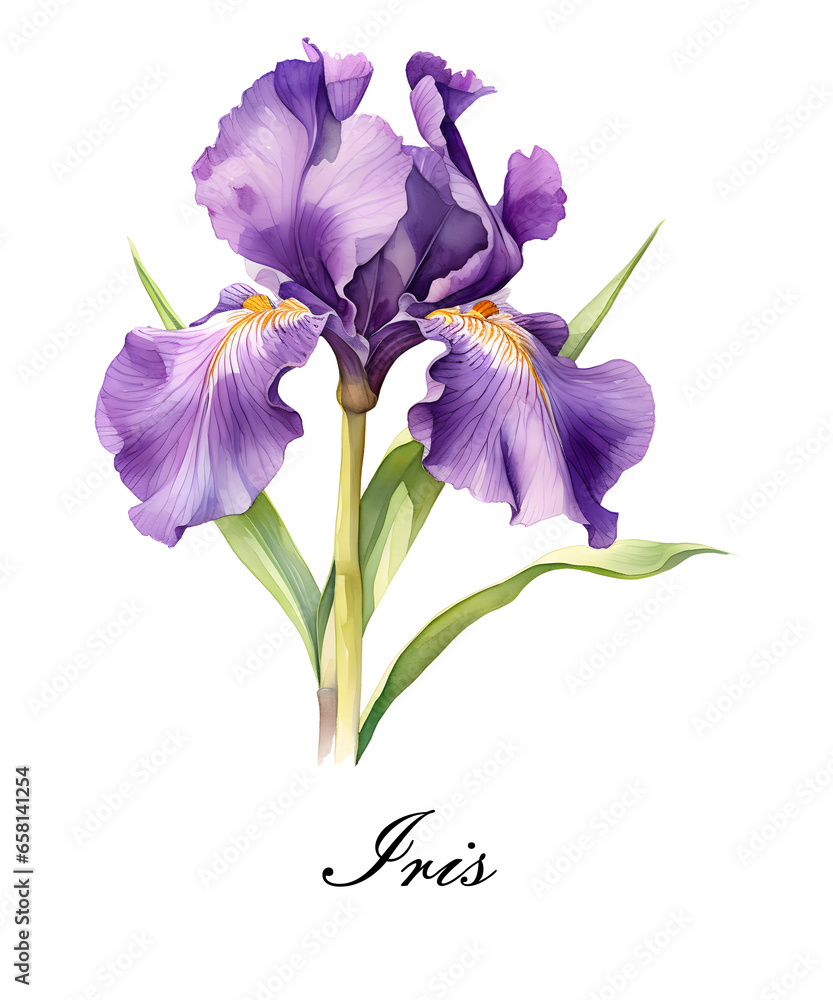 Watercolor purple single iris flower. Watercolor botanical illustration isolated.