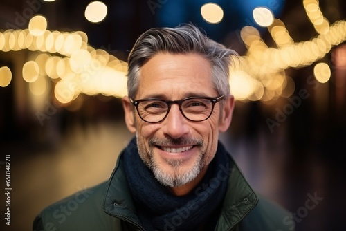 portrait of smiling senior man with eyeglasses in city at night