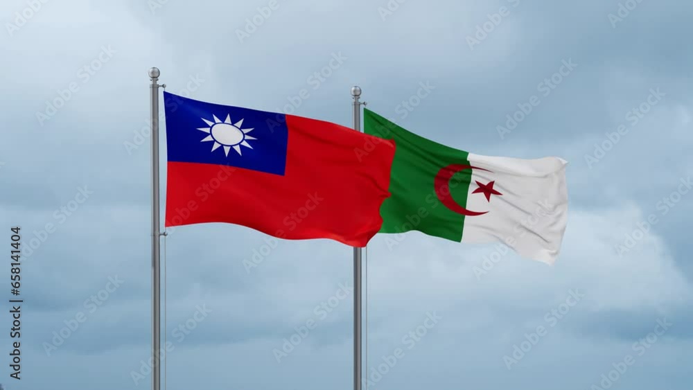 Taiwan flag and Algeria flag waving together on cloudy sky, endless seamless loop Taiwan flag and Algeria flag waving together on cloudy sky, endless seamless loop