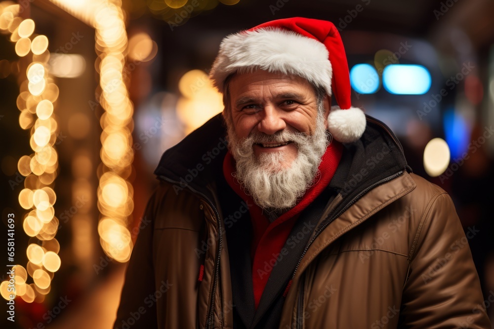 senior man with christmas hat over night city lights background.