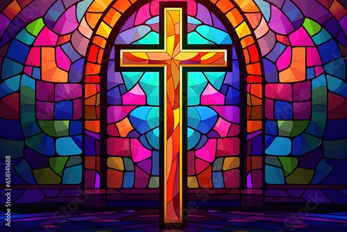 Illustration in stained glass style with cross on the background of the stained glass window