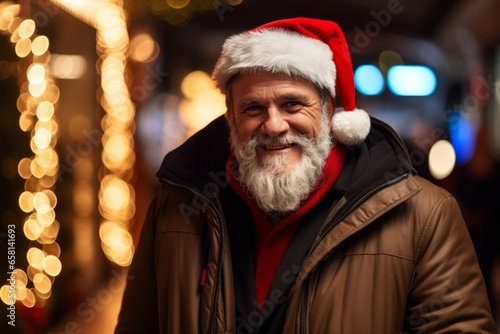 senior man with christmas hat over night city lights background.