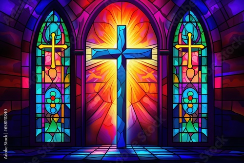 Illustration in stained glass style with cross on the background of the stained glass window