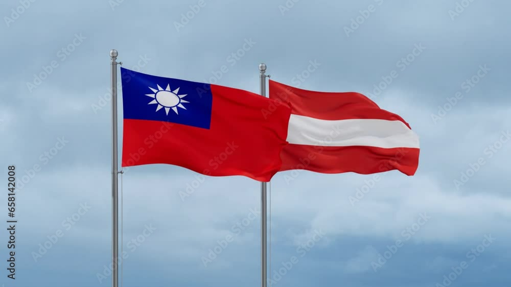 Austria flag and Taiwan flag waving together on cloudy sky, endless seamless loop, two country relations concept Austria flag and Taiwan flag waving together on cloudy sky, endless seamless loop, two country relations concept