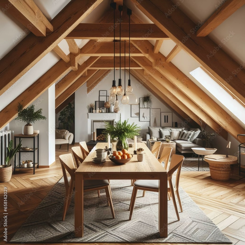 Dining table and chairs in attic with wood beams. Scandinavian interior design of modern dining room