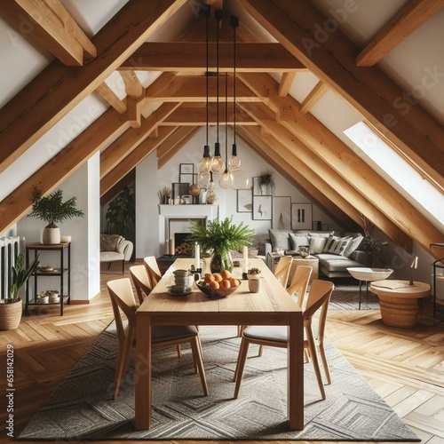 Dining table and chairs in attic with wood beams. Scandinavian interior design of modern dining room © Carlos