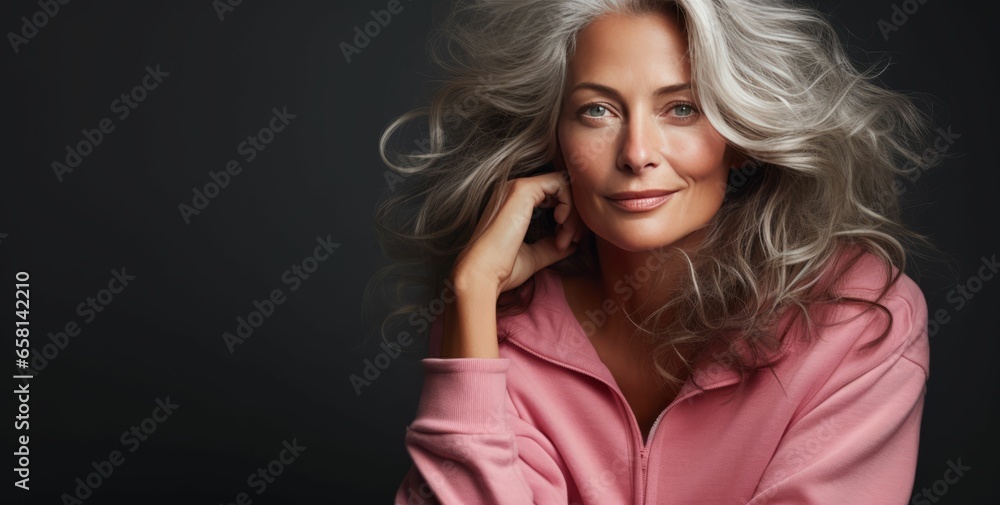 Naklejka premium Selbstbewusste reife Frau mit grauen Haaren im Studio - Ideal für Kosmetik, Hairstyling, Lifestyle und Mode. Porträt einer attraktiven 50+ Frau vor neutralem Hintergrund.