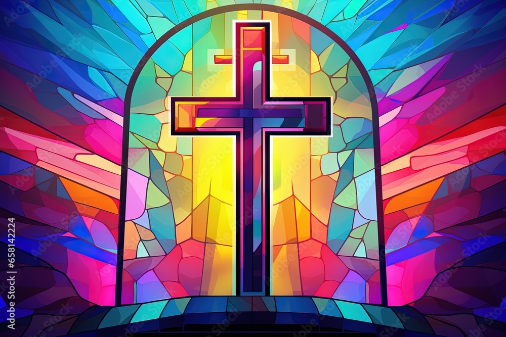 Illustration in stained glass style with cross on the background of the stained glass window