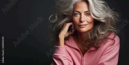 Selbstbewusste reife Frau mit grauen Haaren im Studio - Ideal für Kosmetik, Hairstyling, Lifestyle und Mode. Porträt einer attraktiven 50+ Frau vor neutralem Hintergrund.