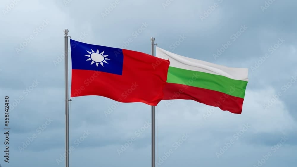 Bulgaria flag and Taiwan flag waving together on cloudy sky, endless seamless loop, two country relations concept Bulgaria flag and Taiwan flag waving together on cloudy sky, endless seamless loop, two country relations concept