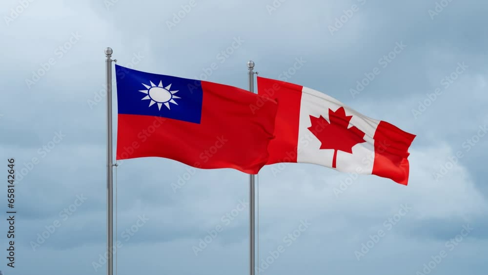 Canada and Taiwan flag waving together on cloudy sky, endless seamless loop, two country cooperation concept Canada and Taiwan flag waving together on cloudy sky, endless seamless loop, two country cooperation concept