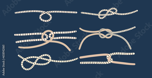Ropes tied in different knots set. Hand draw vector illustration