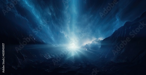 Blue light flow from a shining spot in a dark space, in the style of post - apocalyptic backdrops