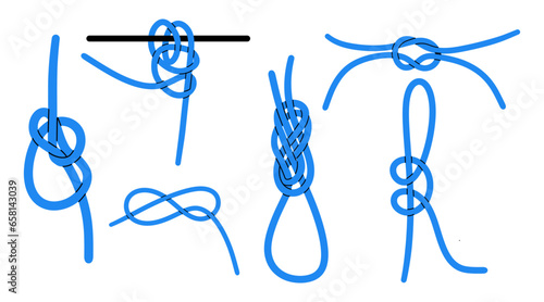 Instructions for tying sea knots set. Hand draw illustration