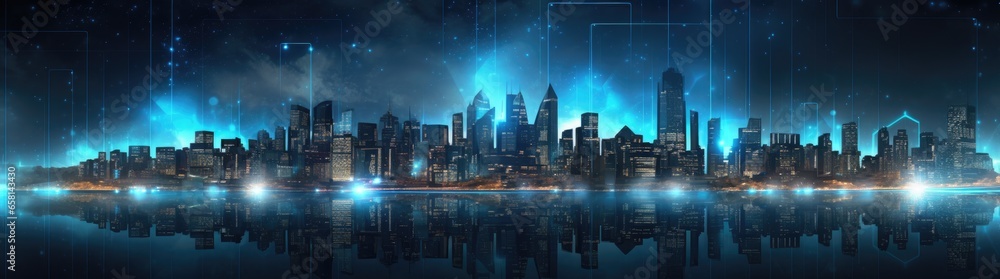 Futuristic cityscape at night with stars, in the style of dark cyan and dark black, rtx on, sparse backgrounds
