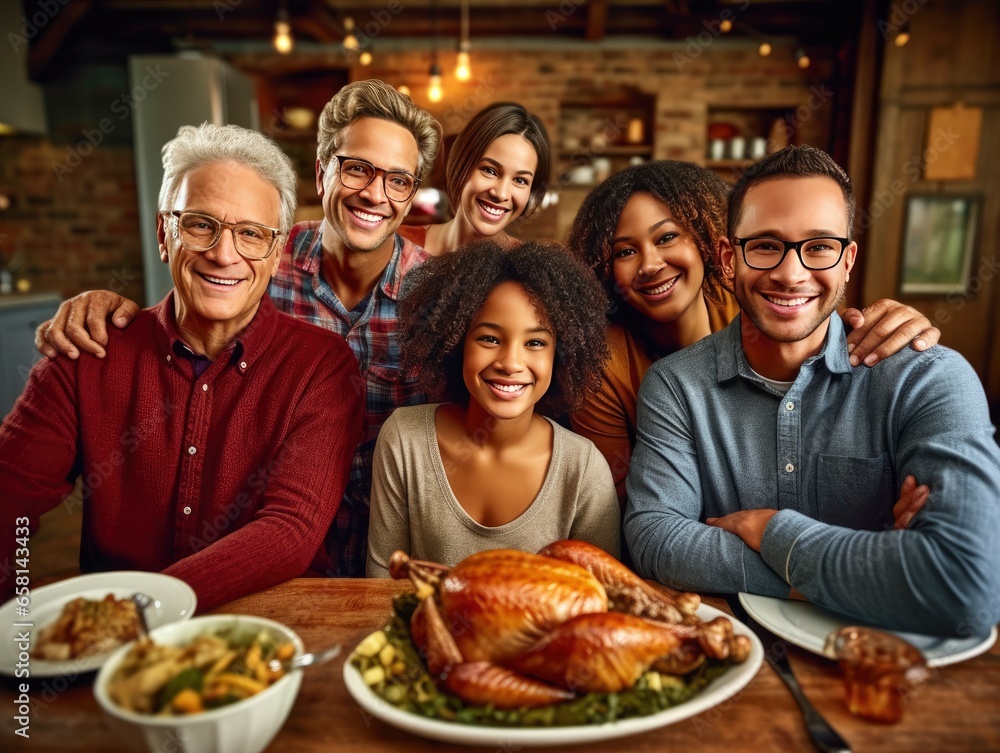 A Happy Family Christmas or Thanksgiving Dinner with Roasted Turkey A Happy Family Christmas or Thanksgiving Dinner with Roasted Turkey