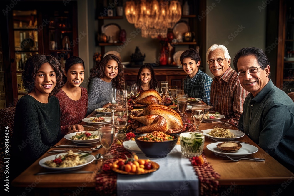 A Happy Family Christmas or Thanksgiving Dinner with Roasted Turkey
